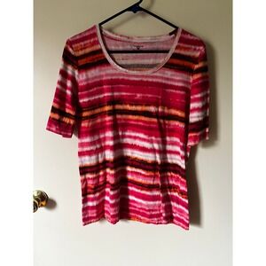 Jones New York Sport Womens Pink Orange Tie Dye Stripe Scoop Neck T-Shirt Size L